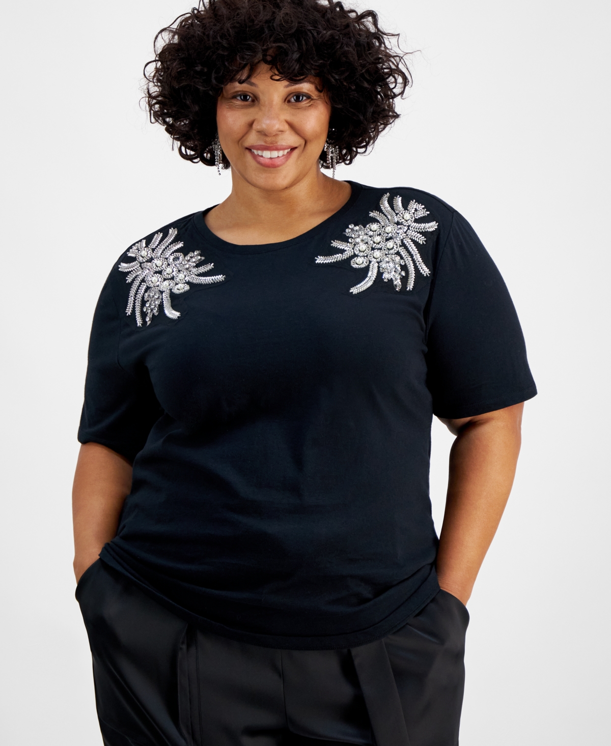 I.n.c. International Concepts Plus Size Embellished Cotton T-Shirt, Created for Macy's
