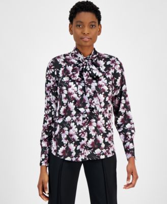 Anne Klein - Women's Printed Tie-Neck Button-Front Blouse