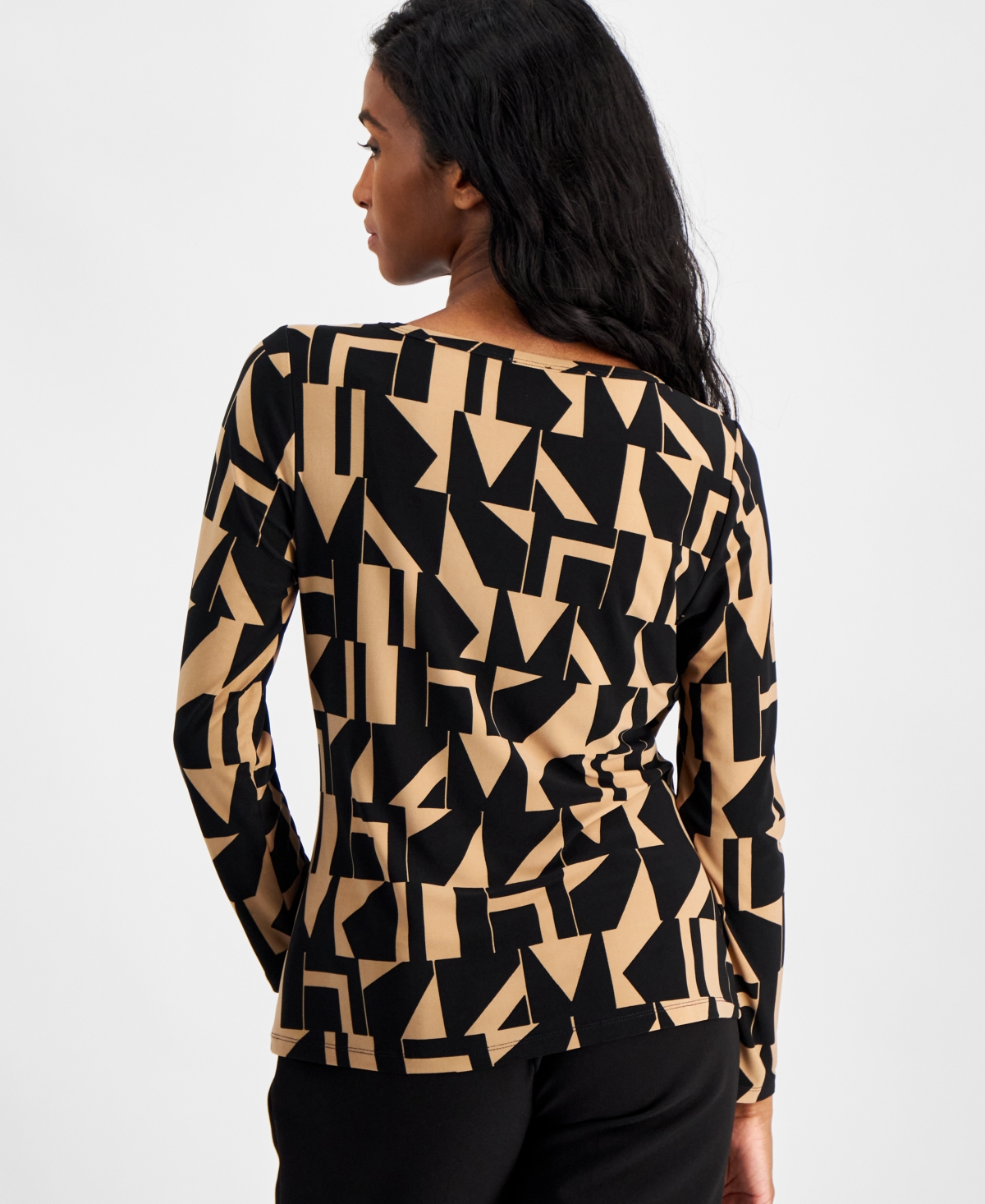 Ak Anne Klein Petite Geometric-Print Long-Sleeve Top