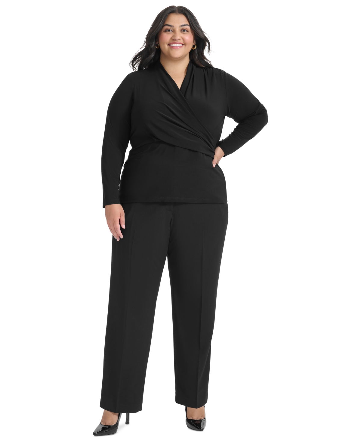 Dkny Plus Size Short-sleeve Faux-wrap Top In Black