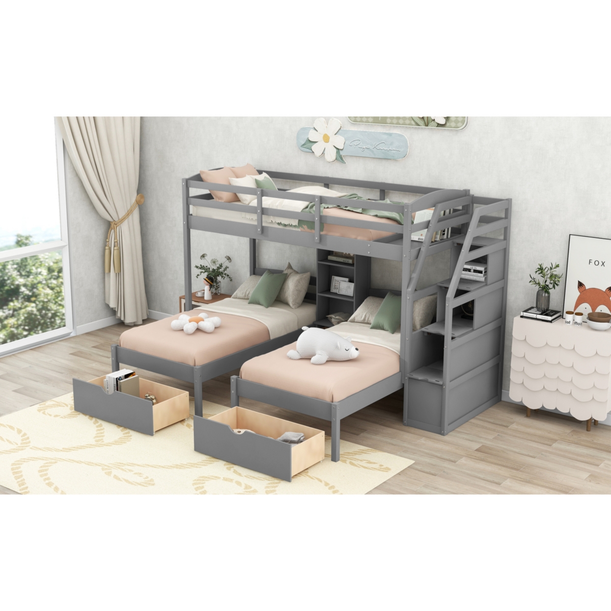 Streamdale Furniture Twin Over Twin Twin Bunk Bed, Triple Bunk Bed With Drawers, Staircase With Storage