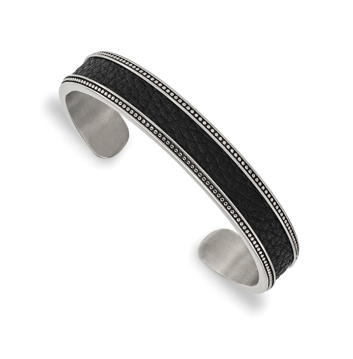 Stainless Steel with Textured Leather Inlay Cuff Bangle