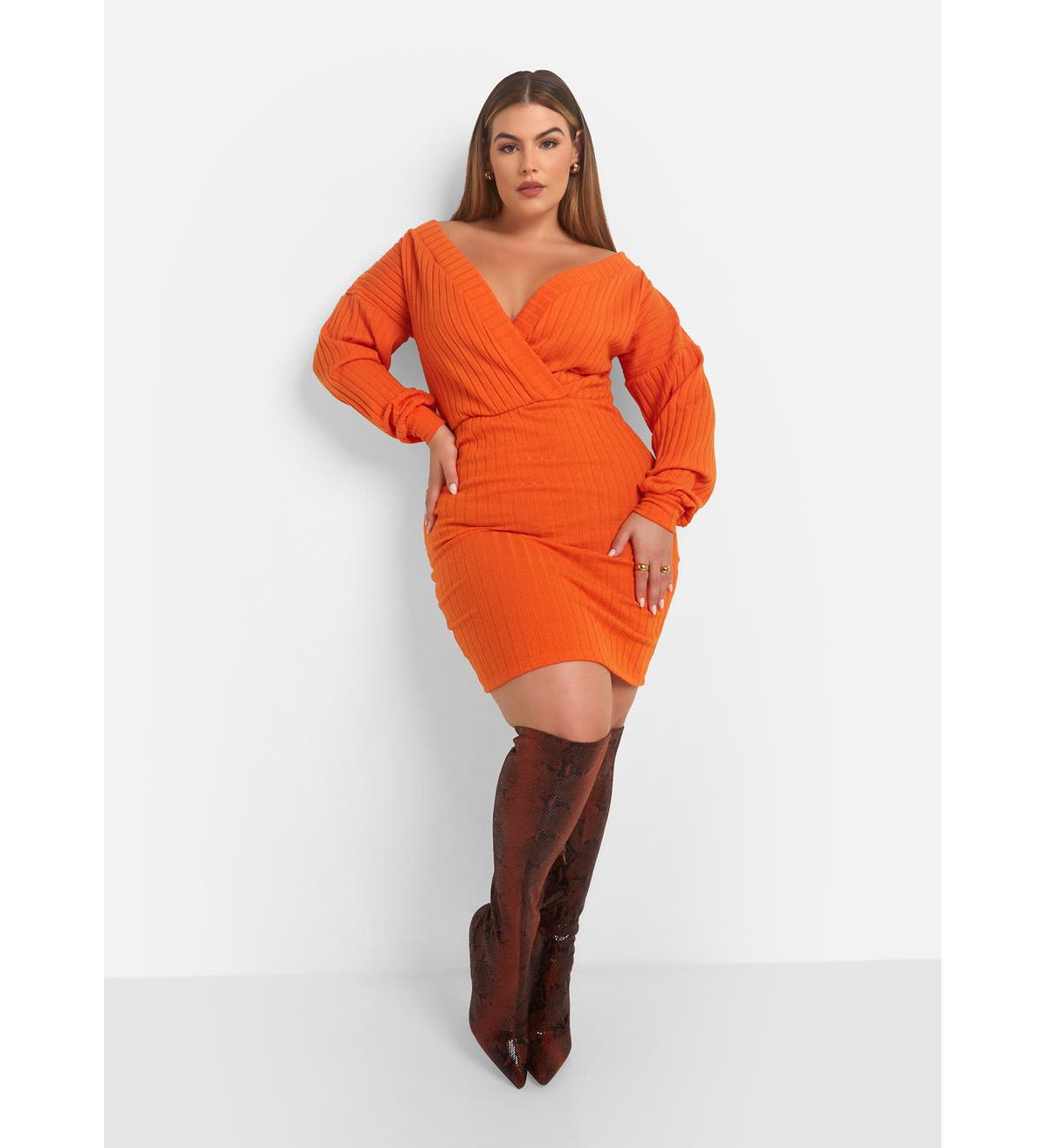Plus Size Eve Ribbed Drop Sleeve Mini Bodycon Dress - Orange