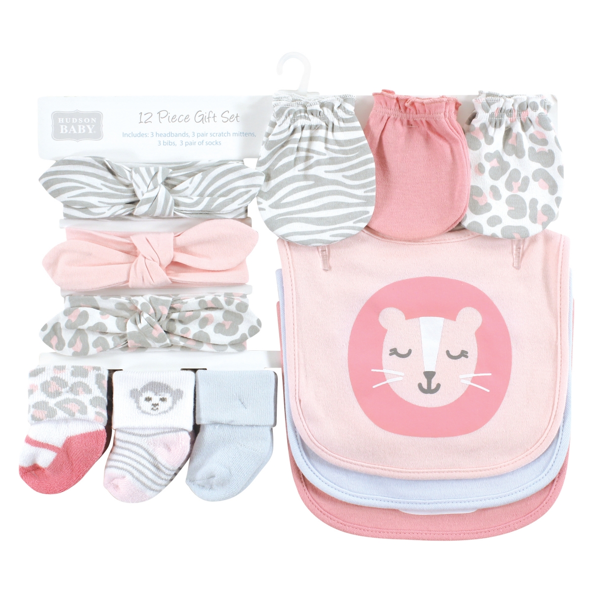 Hudson Baby Baby Girls Caps or Headbands, Bibs, Mittens and Socks 12pc Set, Months - Safari