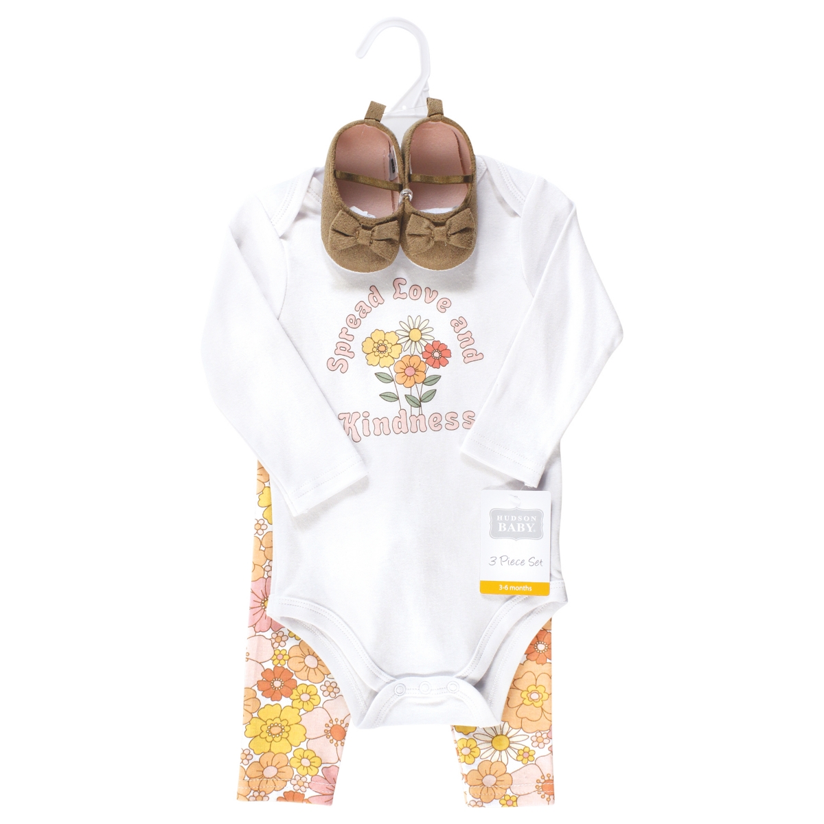 Hudson Baby Baby Girls Cotton Long-Sleeve Bodysuit, Pant and Shoe Set,- Peace love flowers