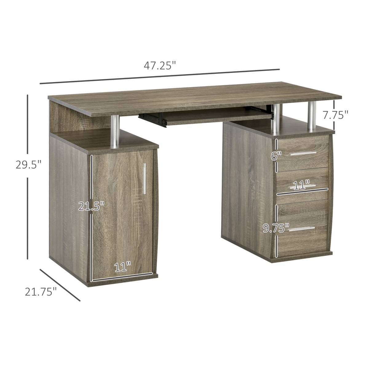 Homcom Wooden Computer Writing Study Desk Table w/ Keyboard Tray & 3 Drawers, Grey