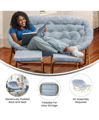 Janey Folding Double Saucer Chair With 2 Ottomans And Steel Frame For Dorm Or Bedroom