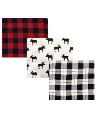 Infant Boy Muslin Swaddle Blanket 3Pc and Tranquility Blanket, Moose Buffalo Plaid, One Size