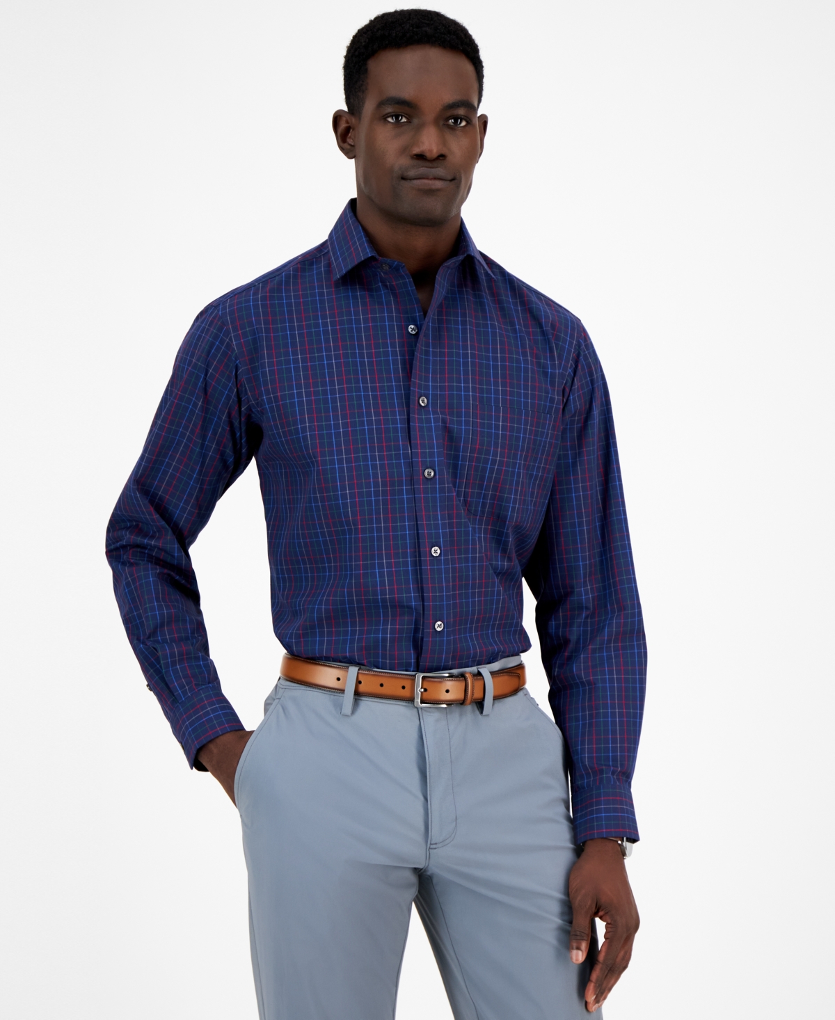 CLUB ROOM MEN'S WINDOW PLAID DRESS SHIRT, CREATED FOR MACY'S 