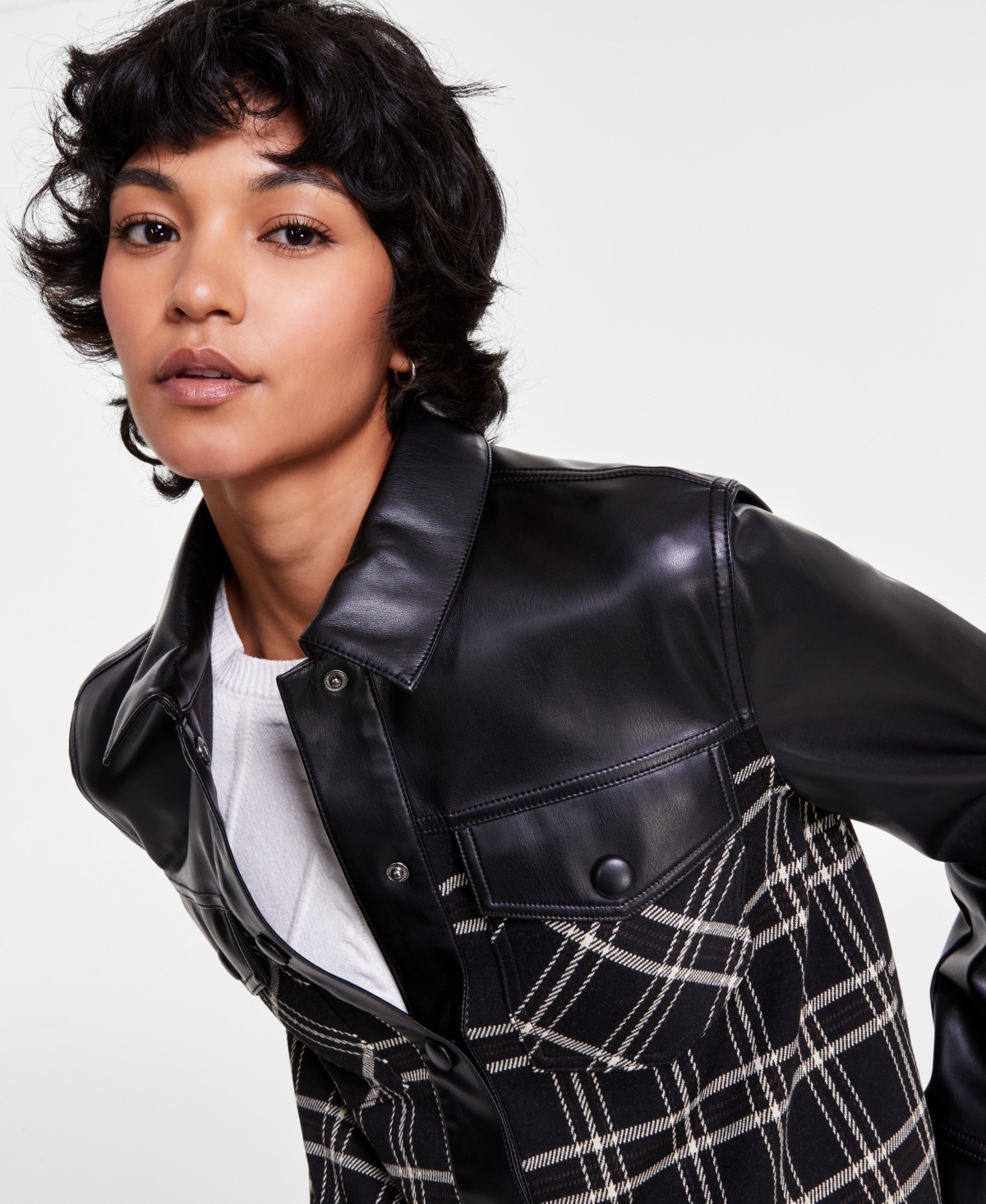 Liverpool Los Angeles Women's Faux-Leather Mixed-Media Shacket