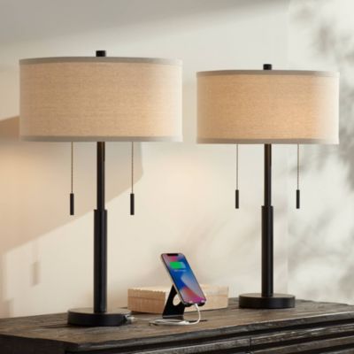 Bernie Industrial Table Lamps 25" High Set of 2 Rich Bronze with USB Charging Port Tan Drum Shade for Bedroom Living Room Bedside