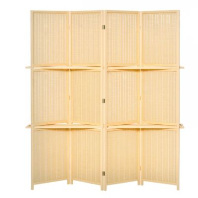 6' Folding Privacy Screen Indoor Room Divider w/ 2 Open Display Shelves, Natural