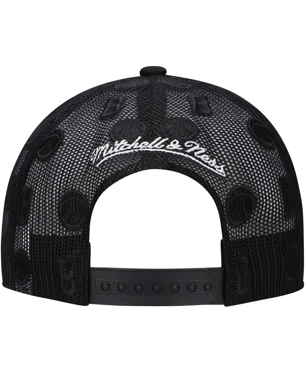Mitchell & Ness Men's Black Milwaukee Bucks Monogram All-over Logo Mesh Trucker Adjustable Hat In Black