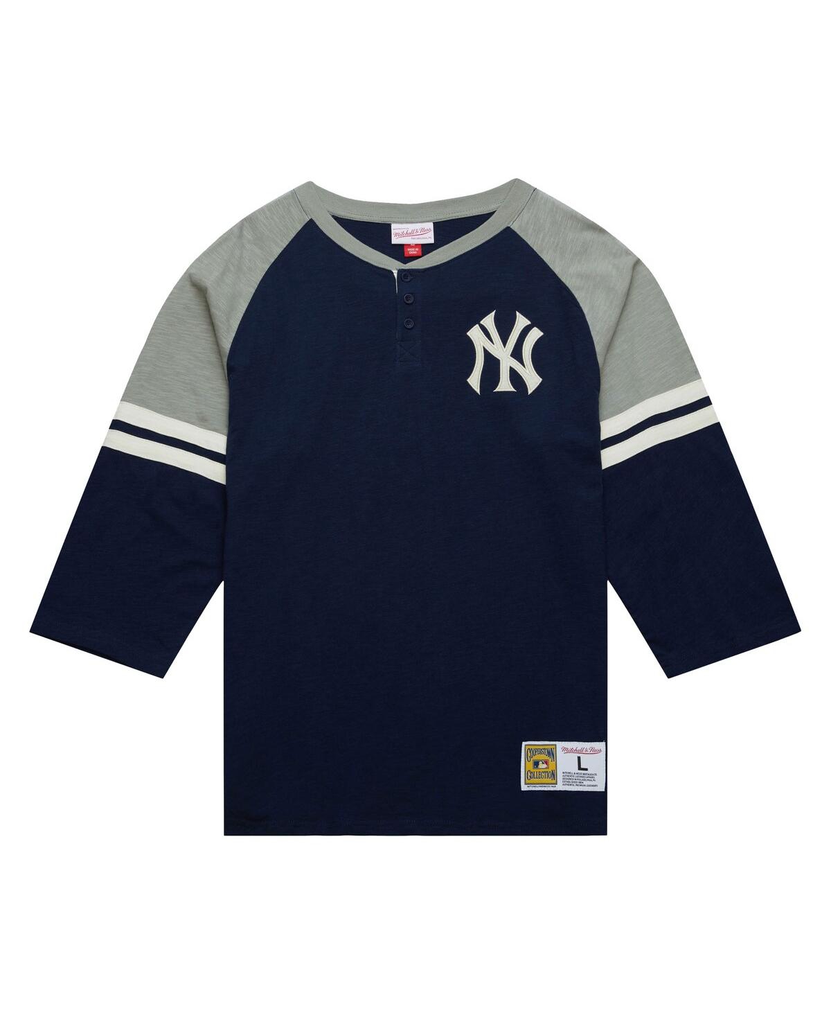 Mitchell & Ness Men'sNew York Yankees Cooperstown Collection Legendary Raglan Slub Henley 3/4-Sleeve T-Shirt - Navy