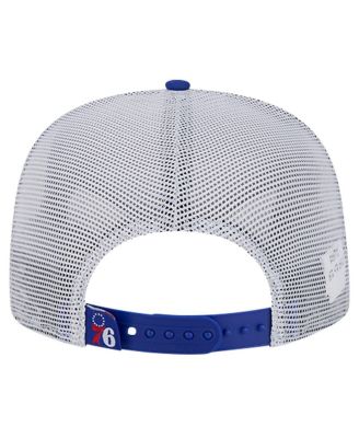 Men's Royal Philadelphia 76ers Puff Print Team Code A-Frame 9FIFTY Trucker Snapback Hat