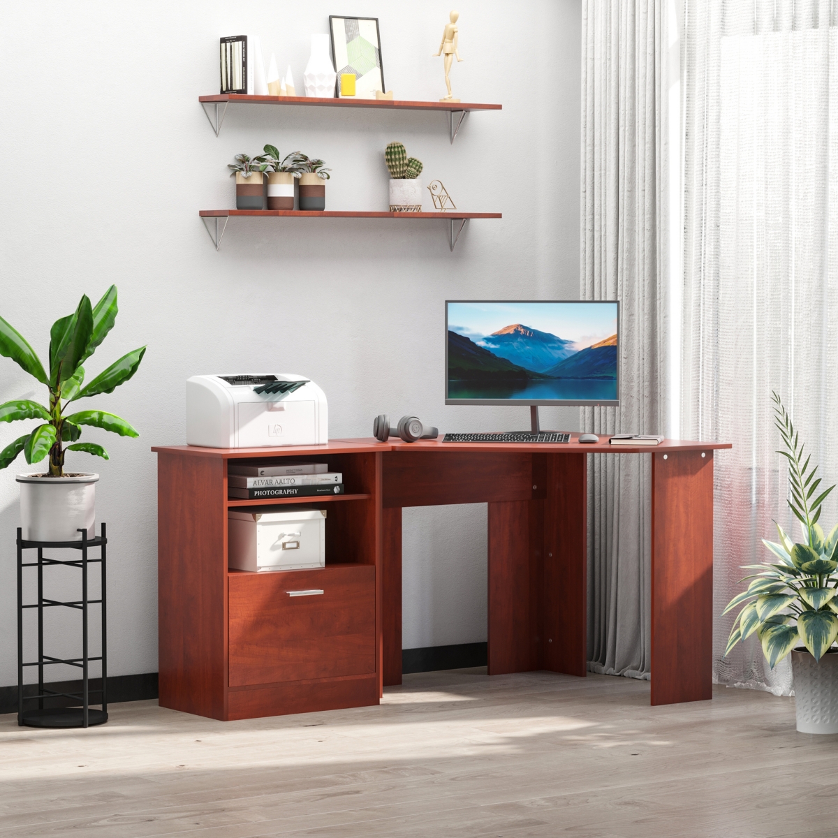 Homcom Computer Desk w/ Printer Cabinet L-Shape Corner Table Pc Laptop Desk