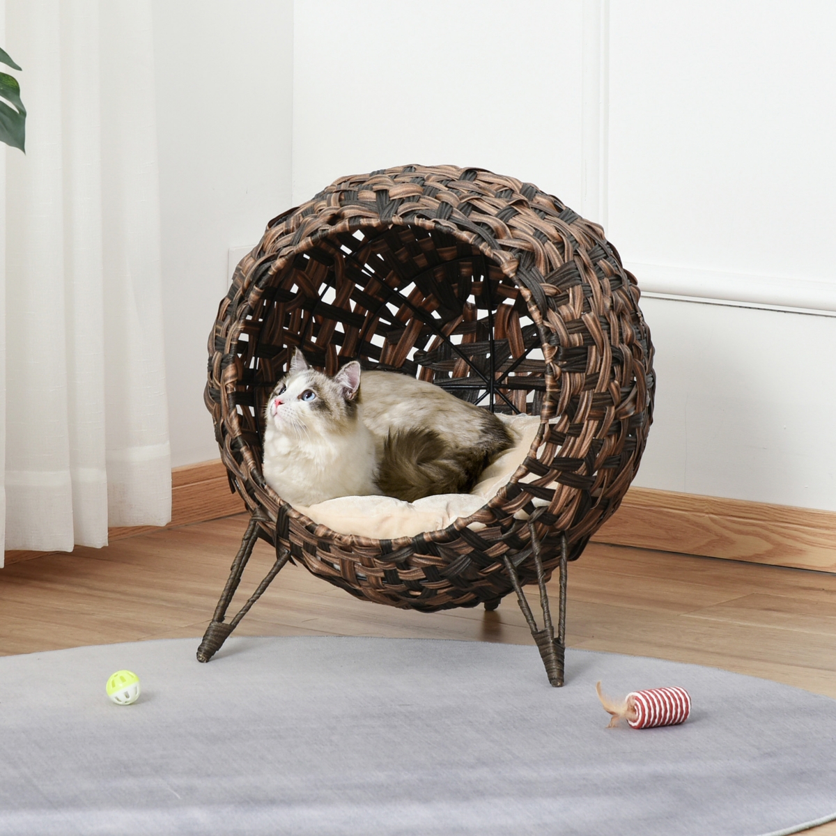 PawHut Rattan Basket Pet Dome and Animal Bed, with Metal Tripod for Stability,- Brown