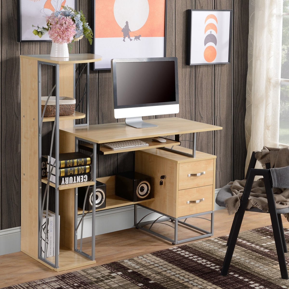 Homcom Modern Computer Writing Desk Pc Workstation w/Shelves & Drawers, Natural - silver