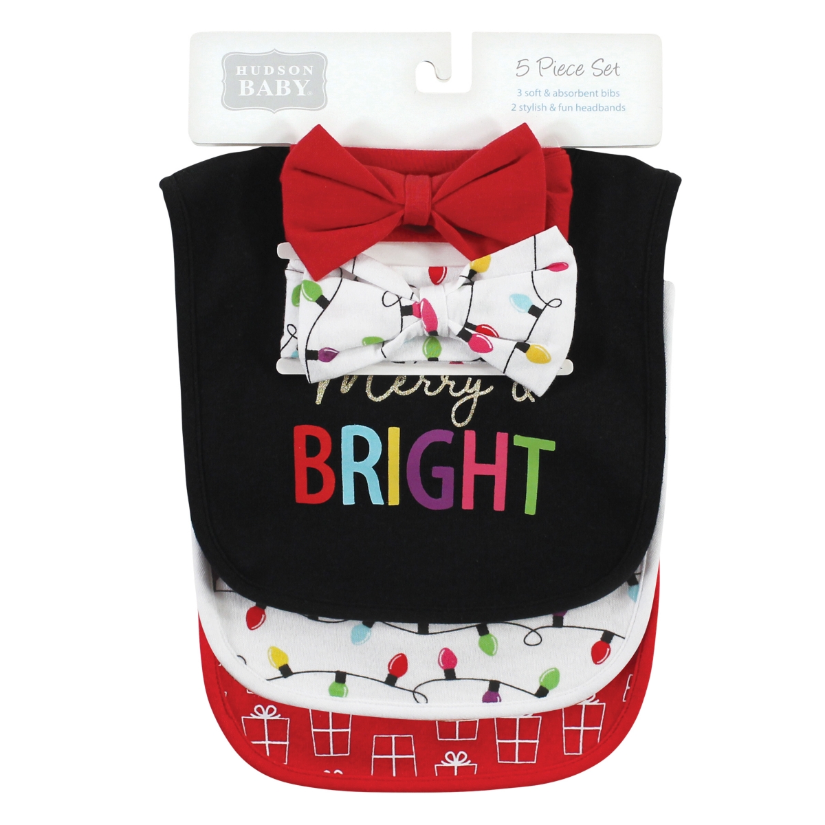 Hudson Baby Baby Girls Cotton Bib and Headband or Caps Set, Merry And Bright, One - Merry and bright