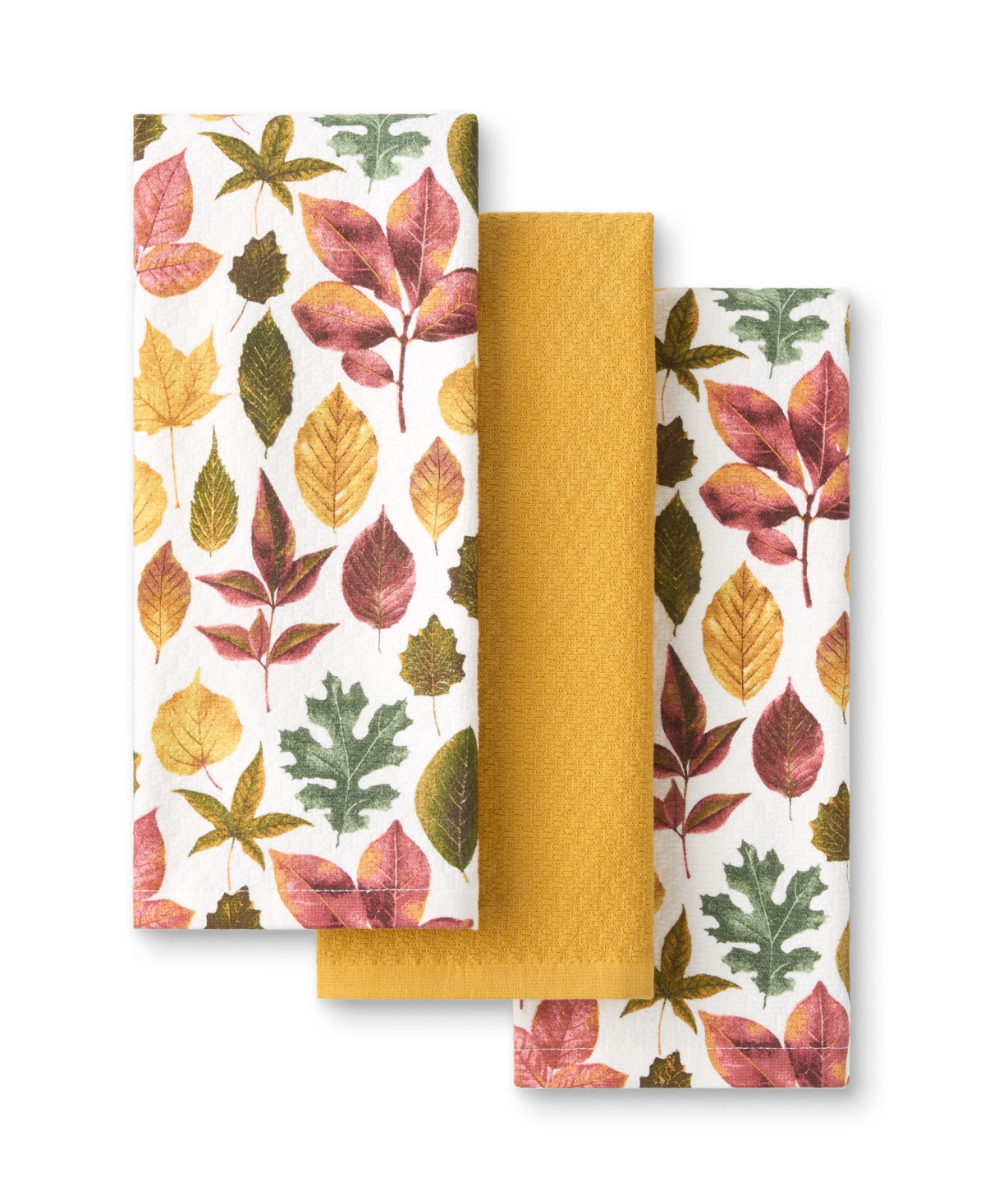 Autumn Harvest Falling Leaves Kitchen Towel, Set of 3 - Tan/Red/Green