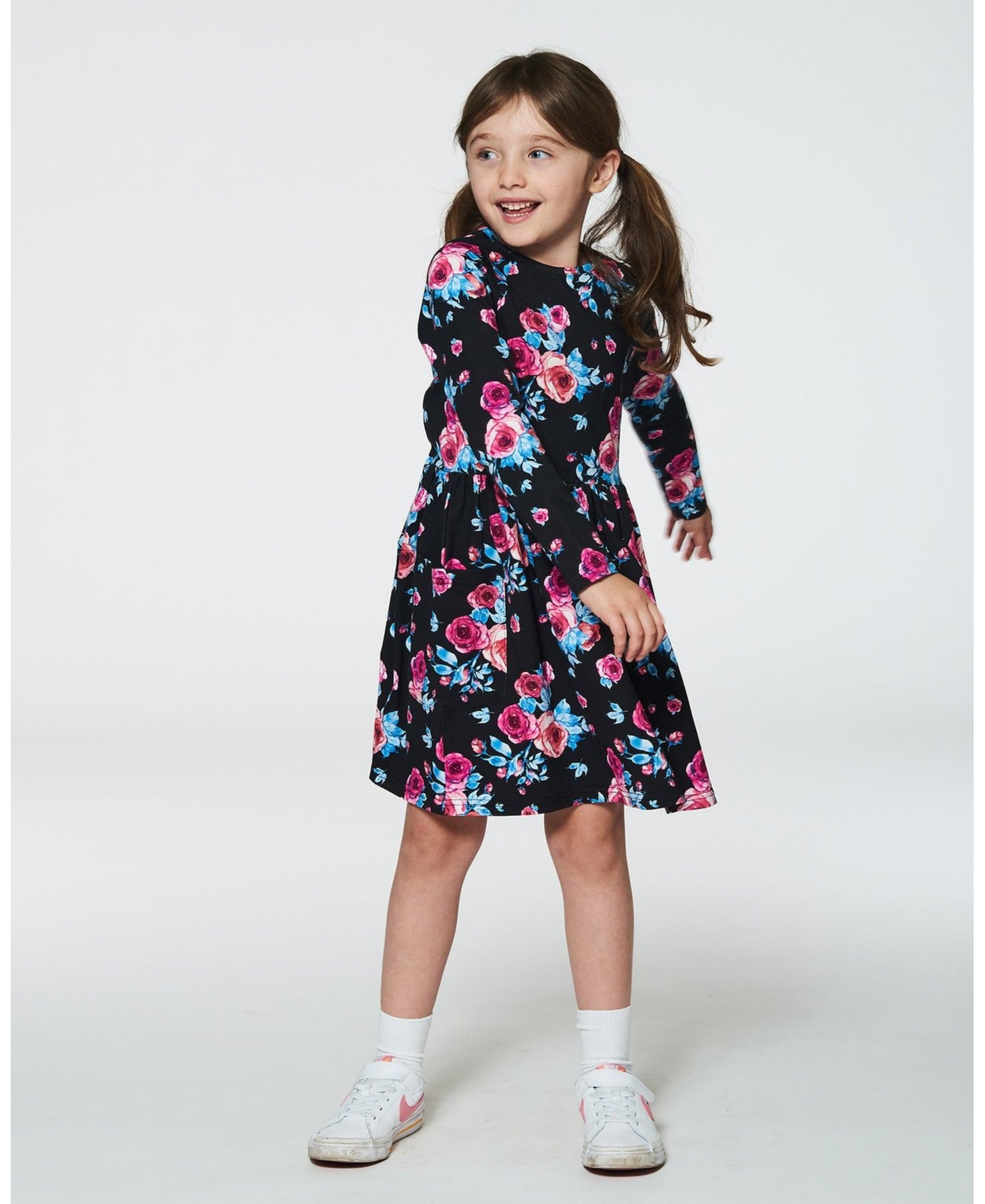 Deux par Deux Big Girls Printed Roses Dress With Pockets Black