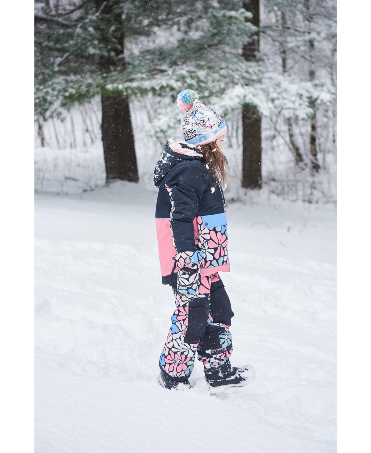 Deux par Deux Big Girls Two Piece Snowsuit- Black printed retro flowers
