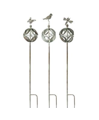Ornamental Metal Garden Stake With Bird And Insect Accents (Set of 3)