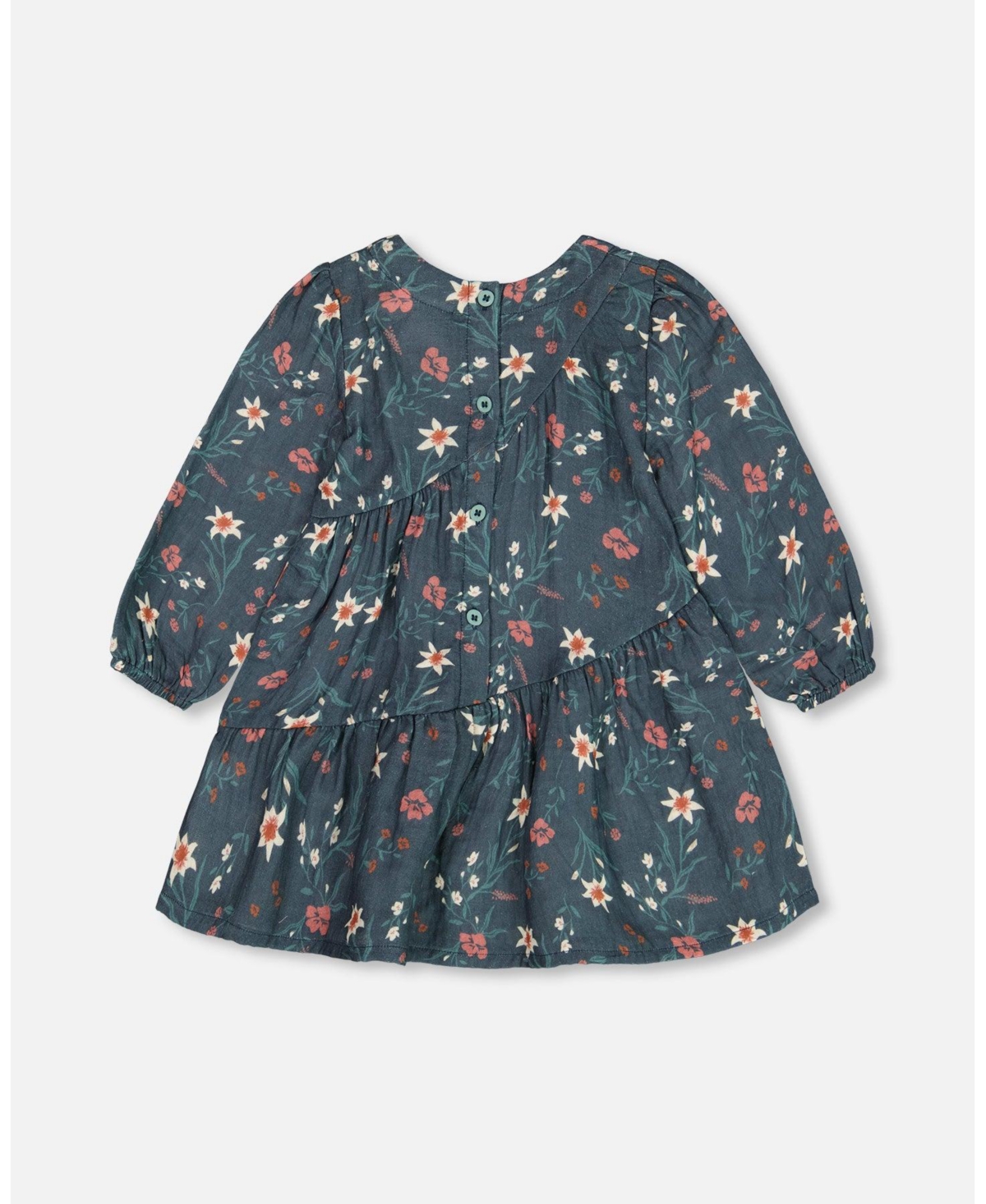Deux par Deux Big Girls Long Sleeve Muslin Dress- Teal printed flowers