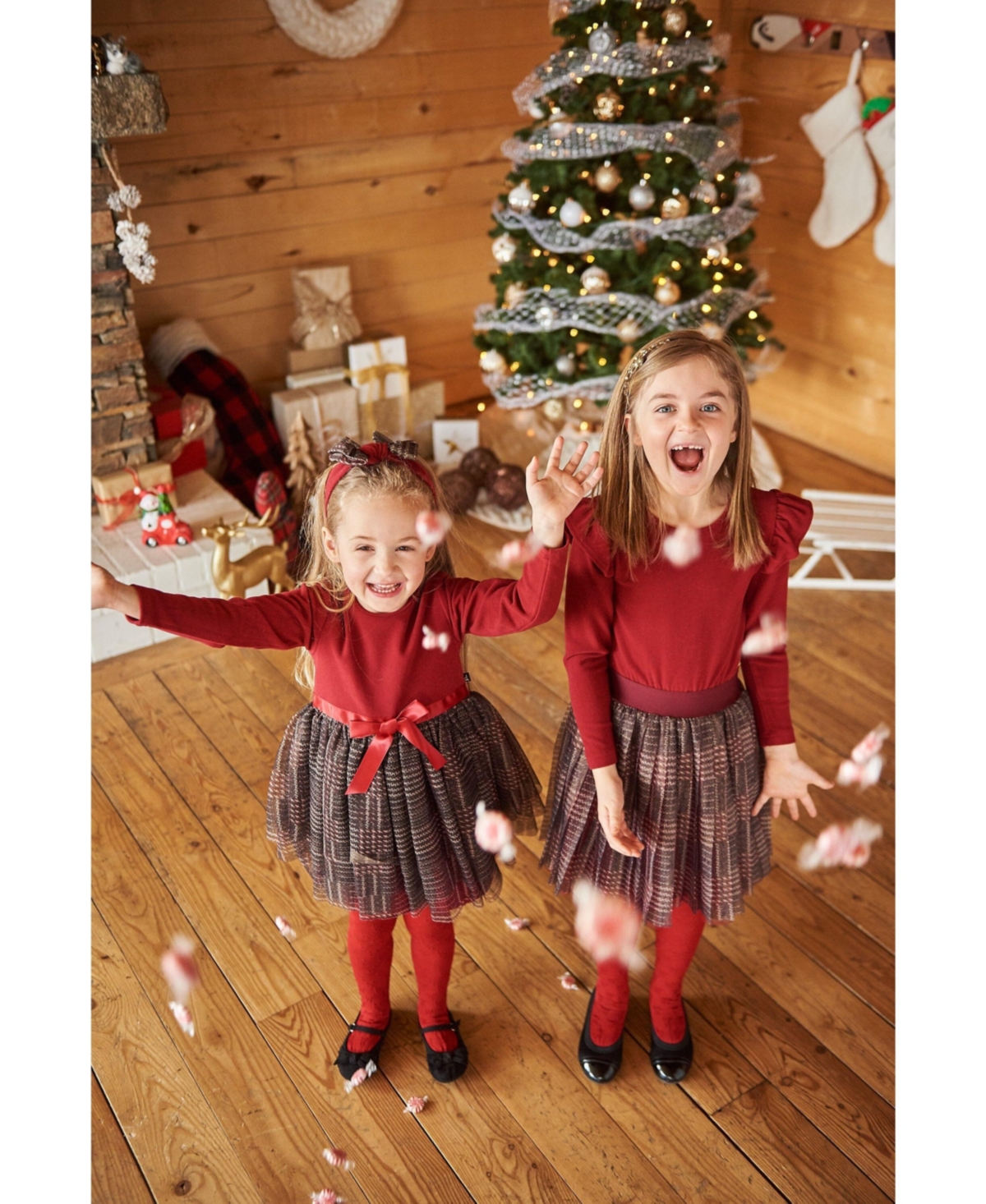 Deux par Deux Big Girls Bi-Material Dress With Glittering Tulle Skirt- Red plaid