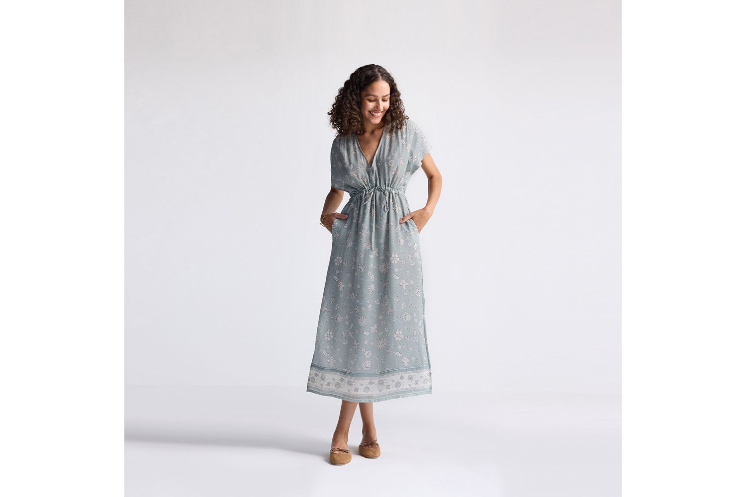 Women's Gathered Maxi Dress with Side Slits in Mosaic
