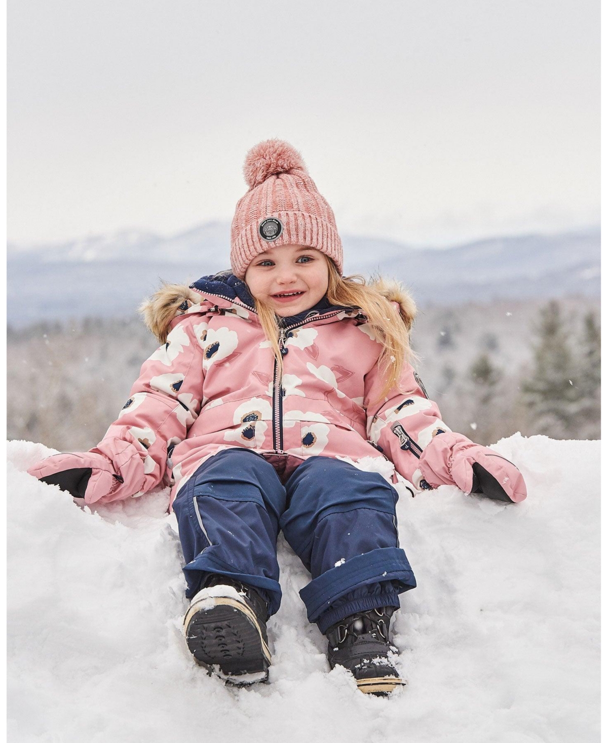 Deux par Deux Big Girls Two Piece SnowsuitAnd Navy - Pink printed off white flowers