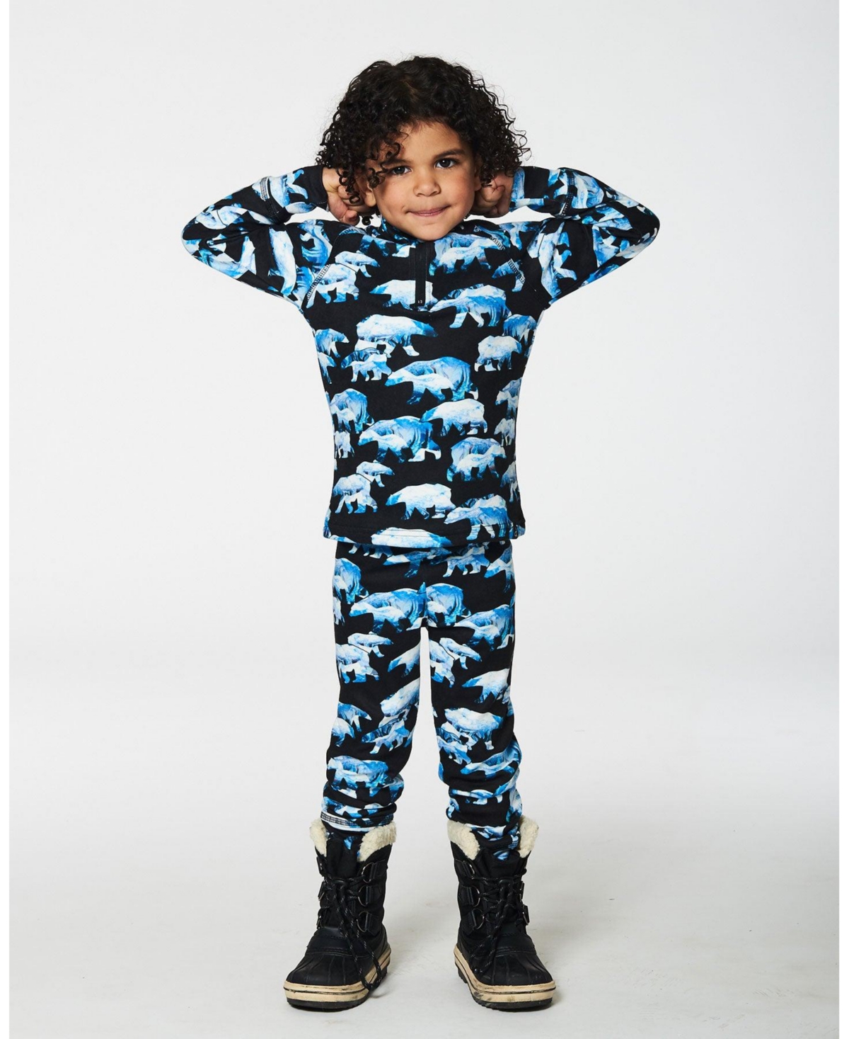 Deux par Deux Big Boys Two Piece Thermal Underwear Set- Black printed polar bears