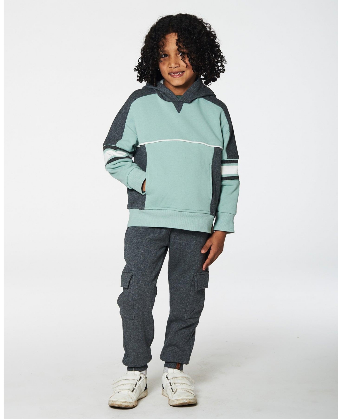 Deux par Deux Big Boys Hooded Fleece Sweatshirt With Contrast Rib- Sage green