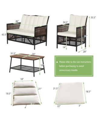 4PCS Cushioned Patio PE Wicker Conversation Furniture Set w/ Acacia Wood Tabletop