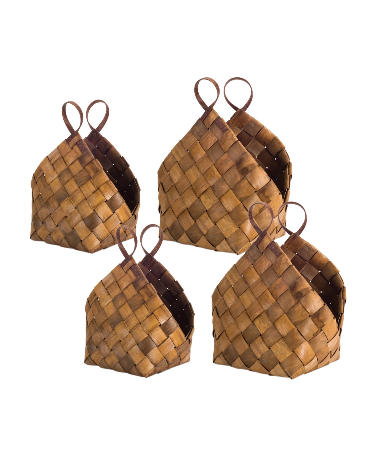 Set of 4 Woven Metasequoia Wood Baskets with Handles - Brown