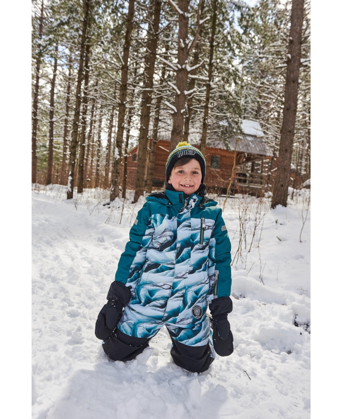 Deux par Deux Big Boys One Piece Snowsuit- Forest green printed glaciers