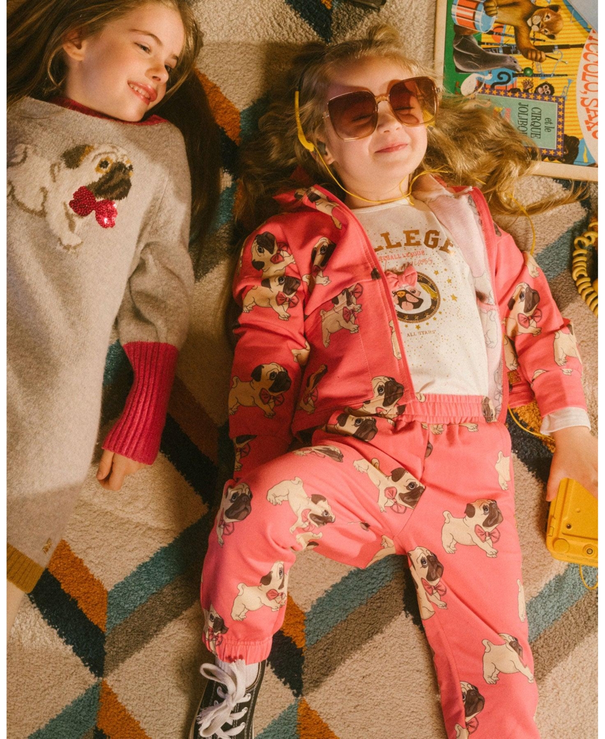 Deux par Deux Big Girls Fleece Sweatpants- Magenta printed pug
