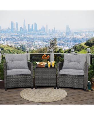 3PCS Patio Rattan Sofa Set Outdoor Wicker Conversation Set Glass Tabletop w/ Grey Cushion