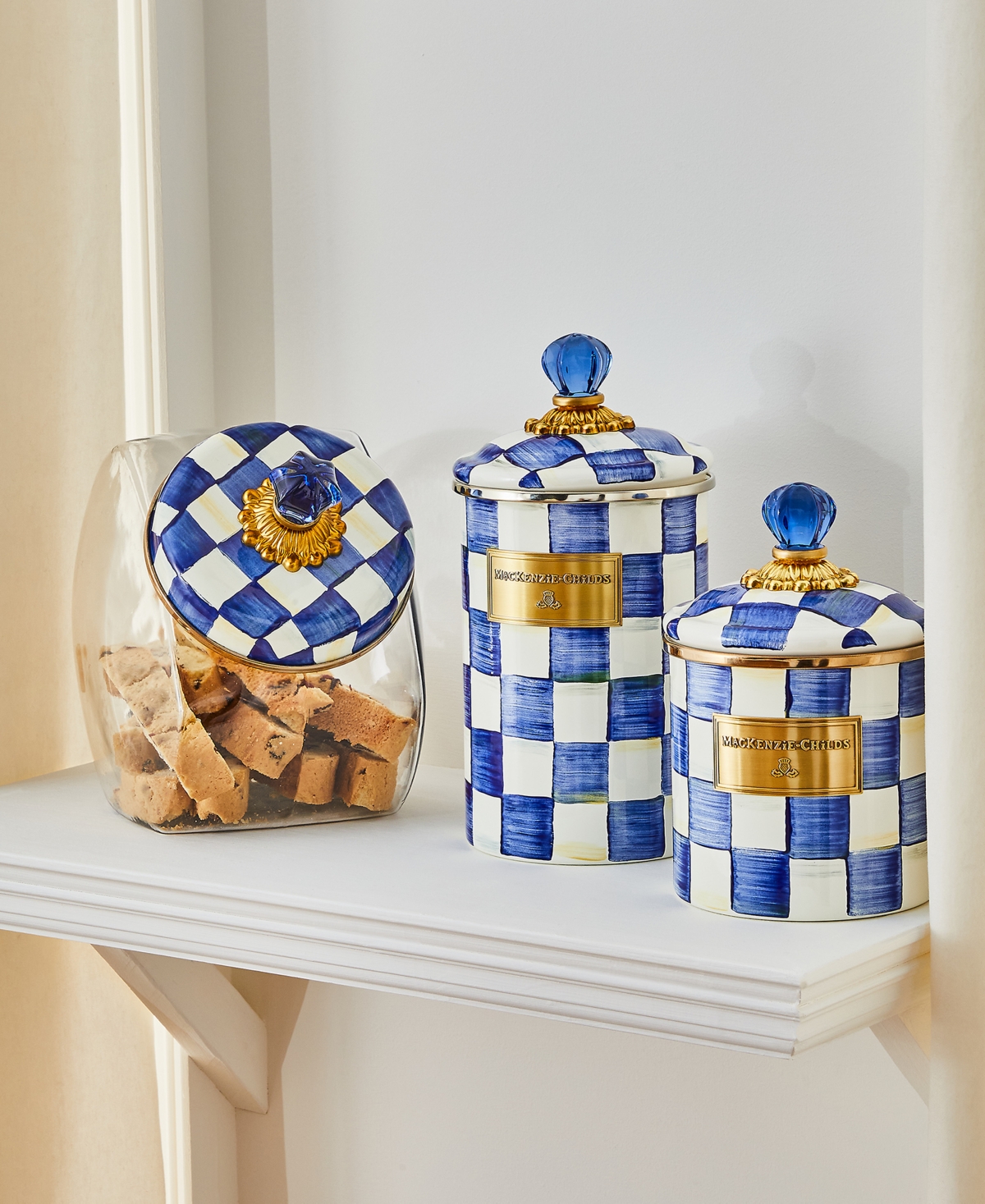 MACKENZIE-CHILDS GLASS COOKIE JAR WITH ROYAL CHECK LID 