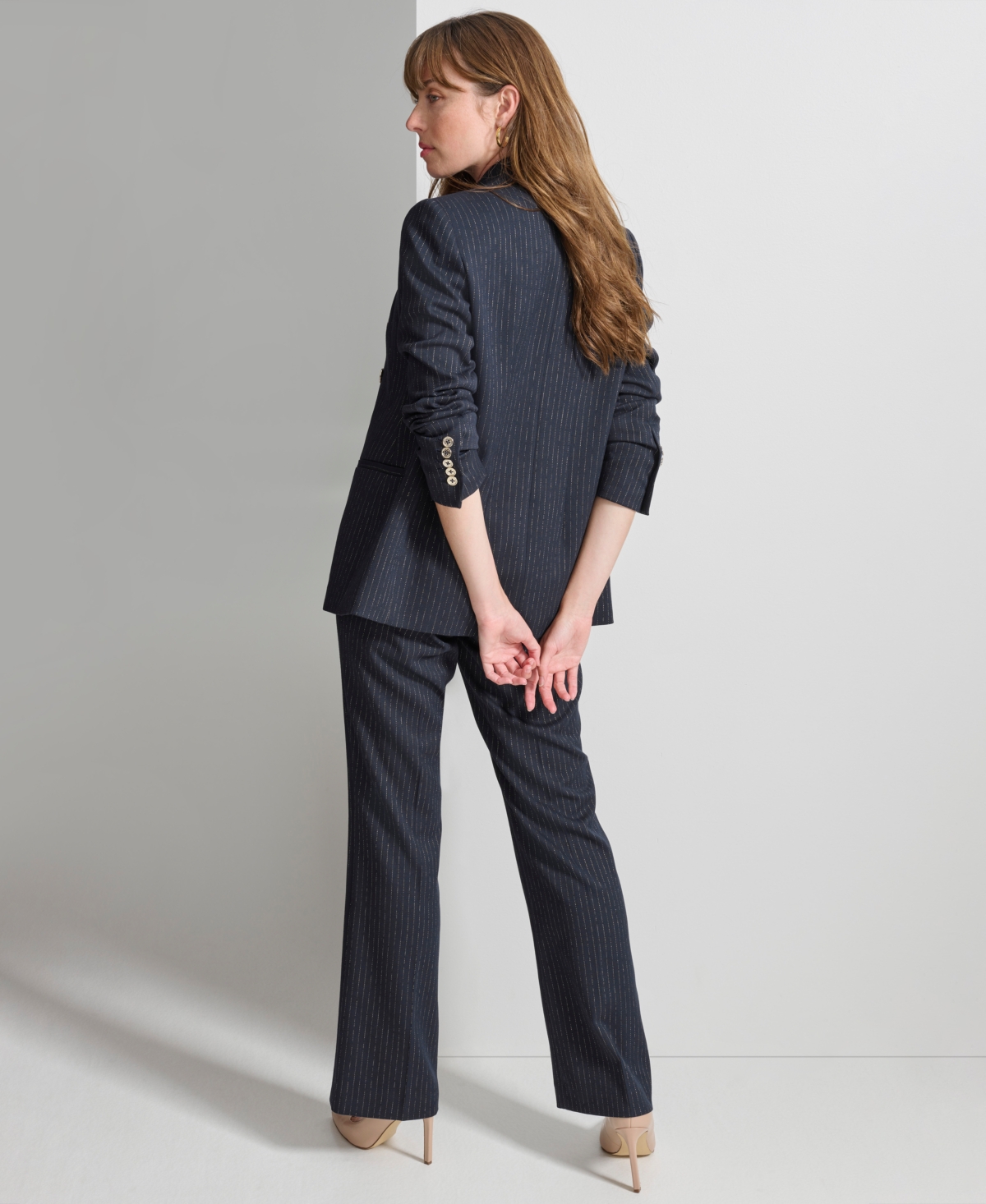 Tommy Hilfiger Women's Double Breasted Metallic Pinstriped Blazer -gld