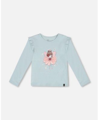 Deux Par Deux Organic Cotton Top With Print And Frills - Blush Pink Deux Par Deux Organic Cotton Top With Print And Frills - Blush Pink