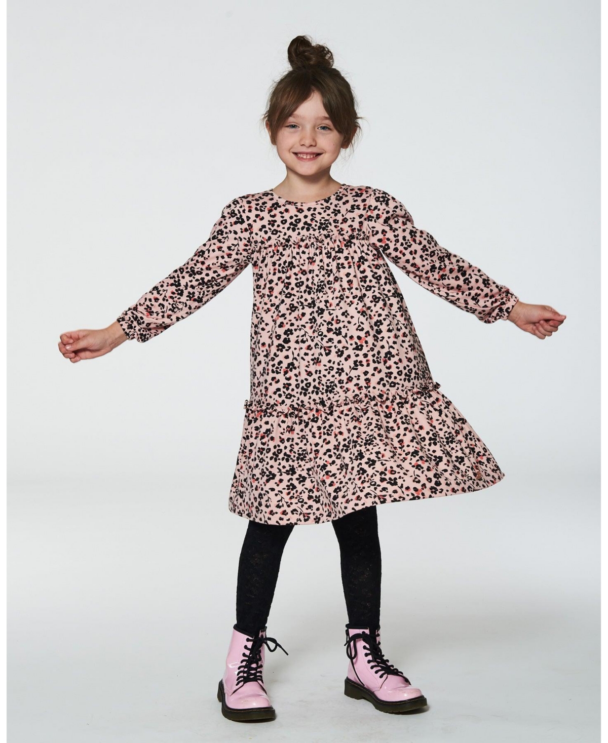 Deux par Deux Big Girls Long Sleeve Dress With Frills- Pink printed leopard flowers