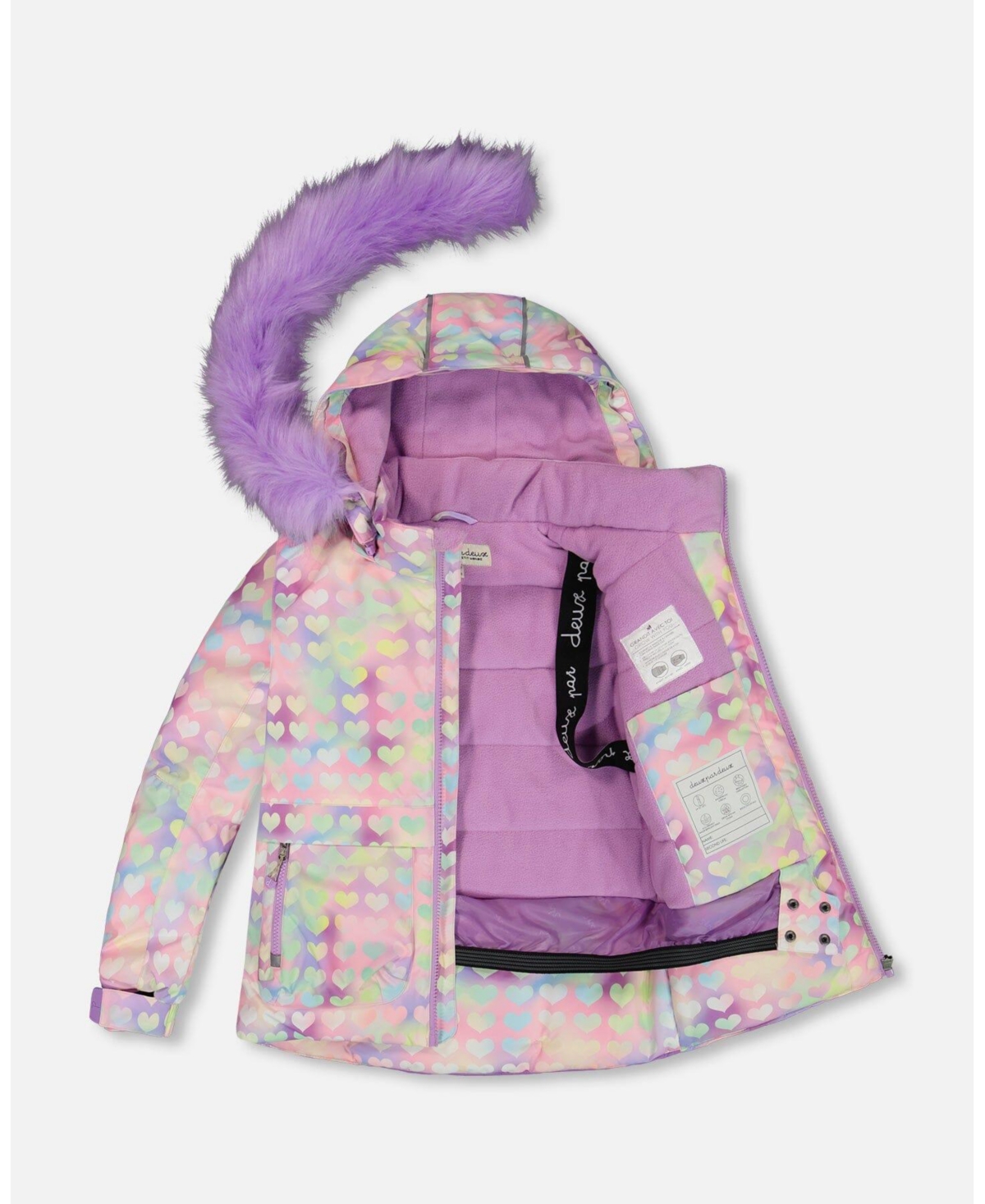 Deux par Deux Big Girls Two Piece Snowsuit Solid Pant Lilac With Jacket Printed Hearts