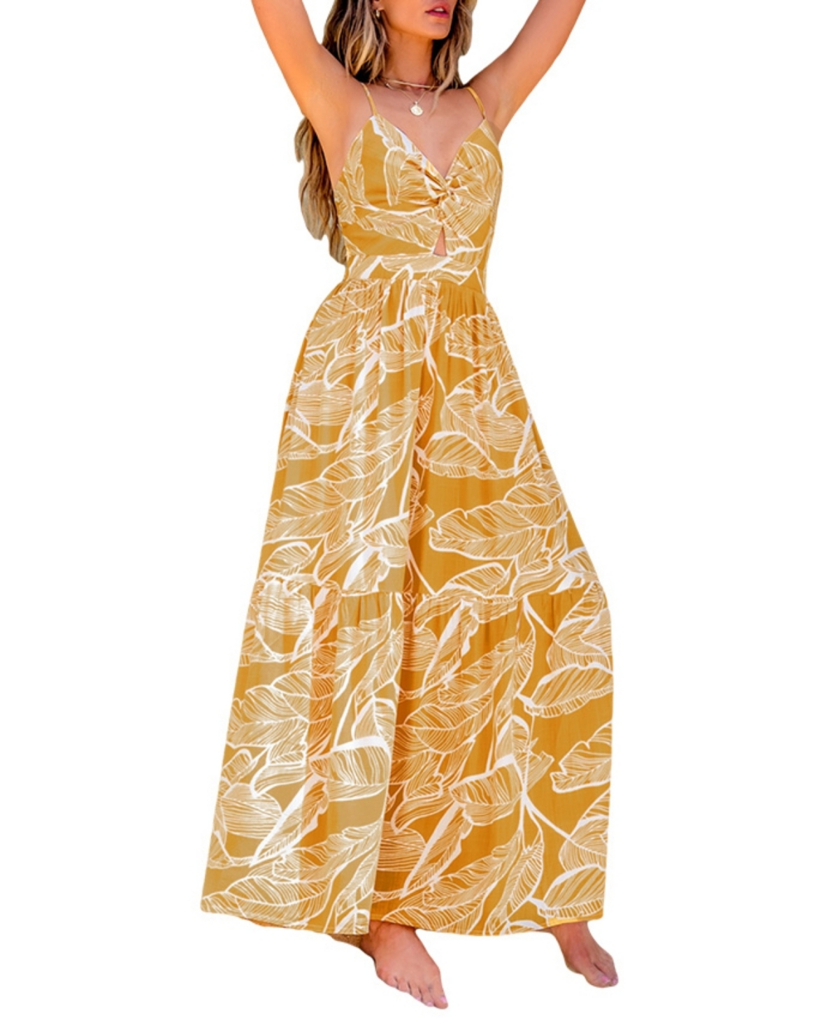 Women's Yellow Tropical Sweetheart Twist & Keyhole Maxi Beach Dress - White
