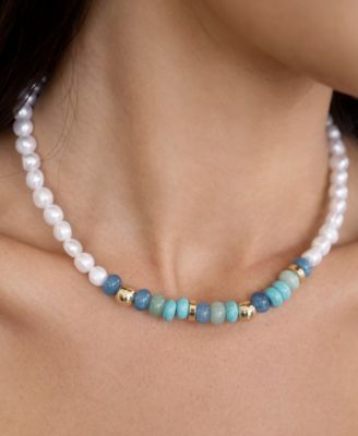 Cultivated Pearl Beaded Blue Mixed Gemstone Necklace