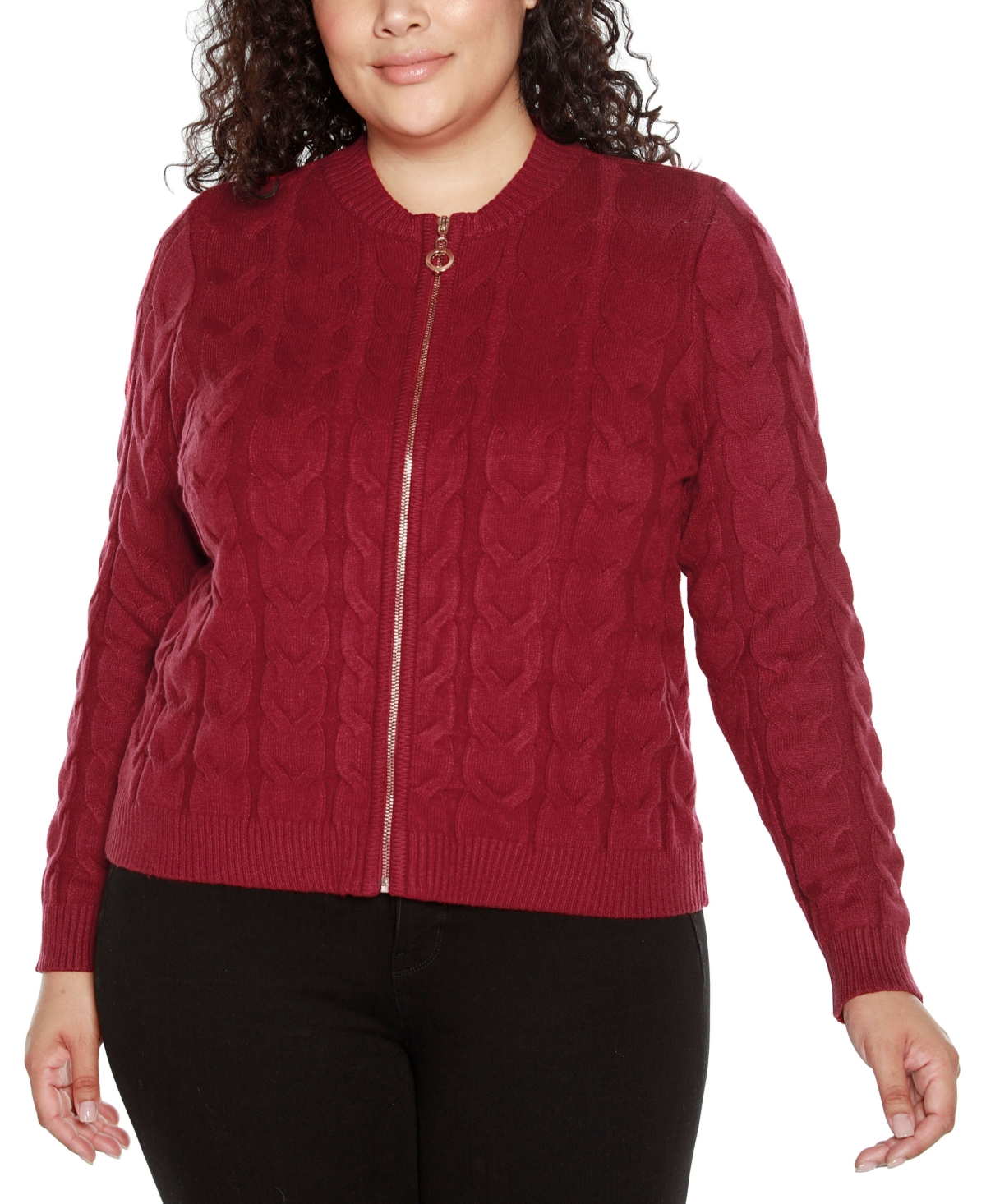 Belldini Black Label Plus Size Zip Cable Sweater In Cranberry
