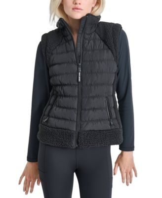 Women's Horizontal Channel Quilted Mock Neck Puffer Vest with Sherpa