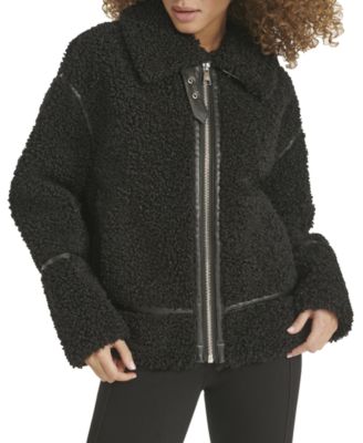 Women's Faux-Leather-Trim Teddy Moto Coat