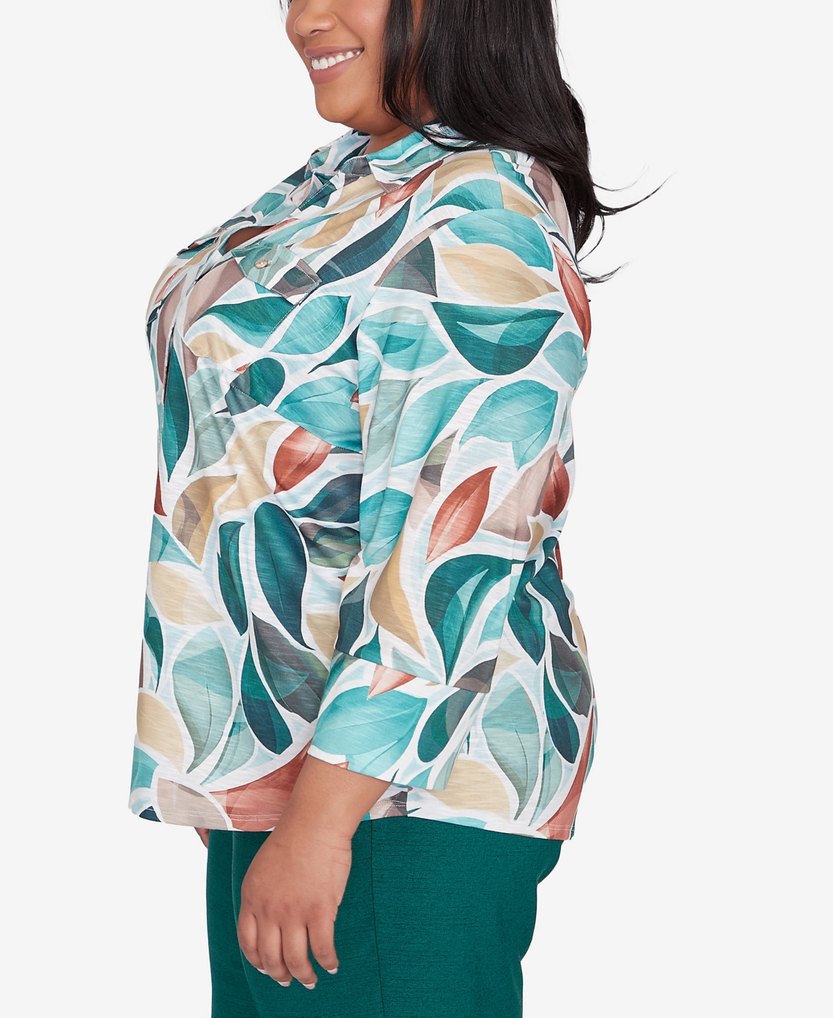 Alfred Dunner Plus Size Emerald Isle Abstract Leaf Top Bell Sleeve Button Front Top
