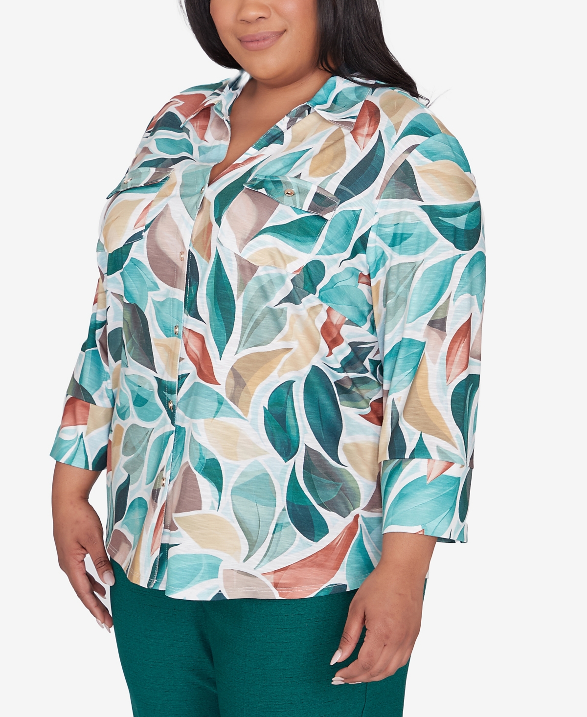 Alfred Dunner Plus Size Emerald Isle Abstract Leaf Top Bell Sleeve Button Front Top